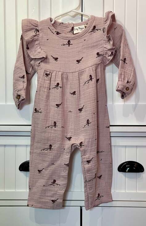 City Mouse Other - City Mouse Flutter Sleeve Long Romper in Lavender Birds Print